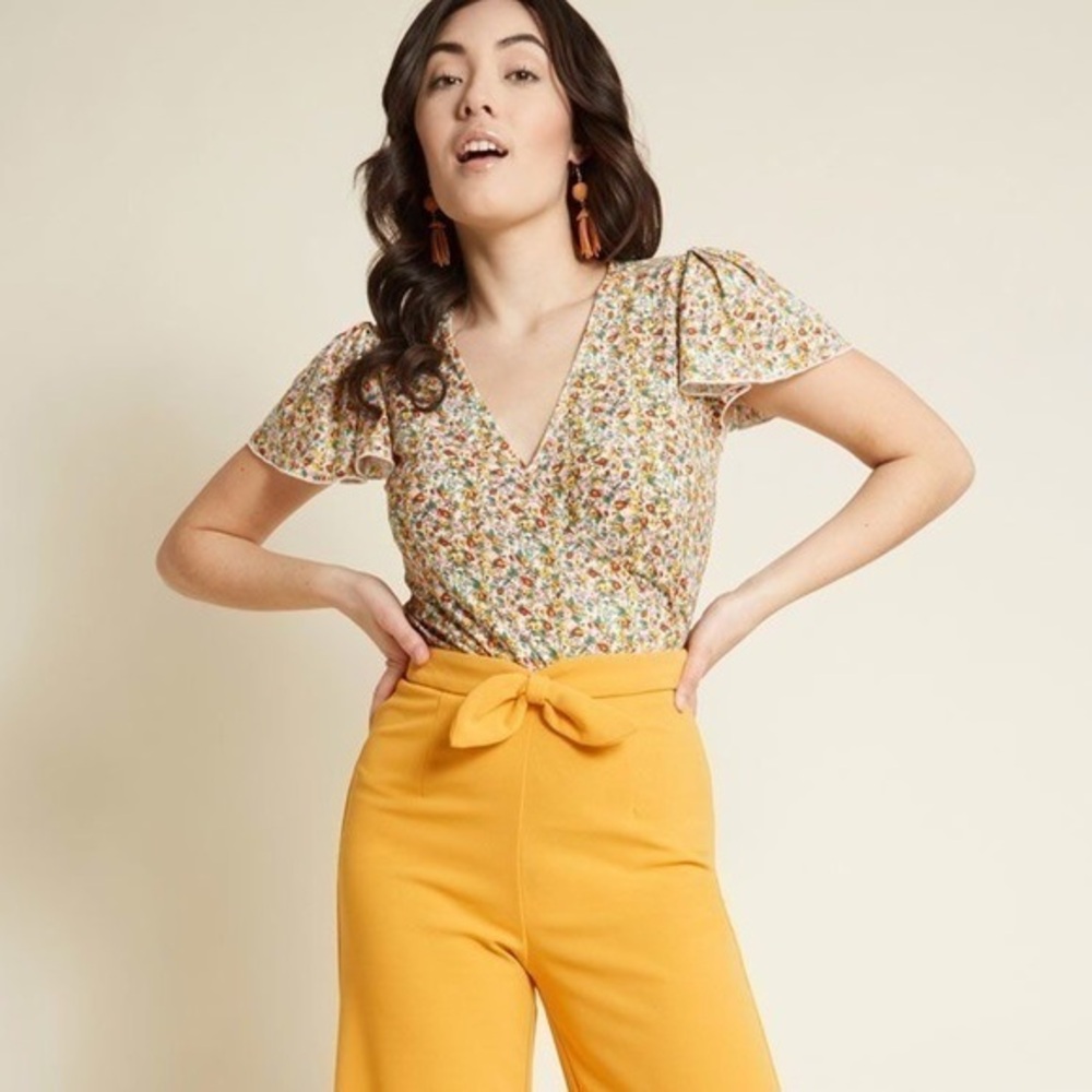 NWT ModCloth Flutter at the Thought Yellow Pink Floral Faux Wrap Blouse Top New